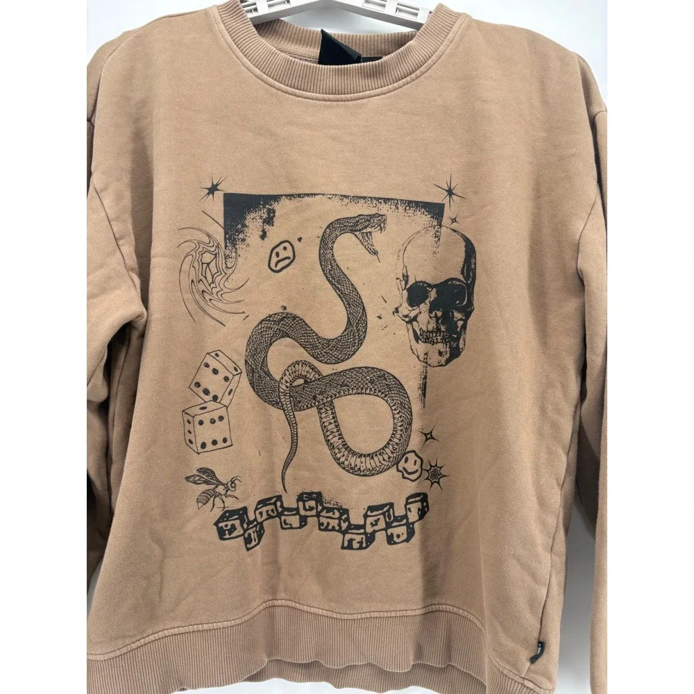 Vans Sweatshirt Mens Small Tan Brown Snake Skull Graphic Crewneck Pullover S - Picture 2 of 9